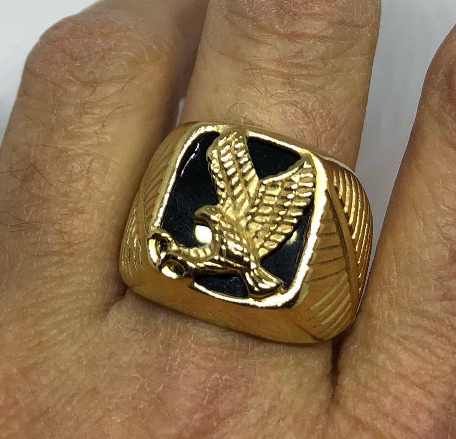 Vintage Black Onyx Southwestern Mens Eagle Golden Stainless Steel Ring