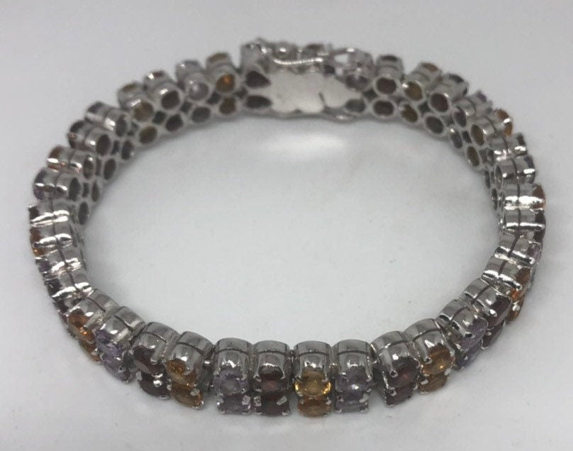 Handmade Genuine Mixed Gemstone in 925 Sterling Silver Tennis Bracelet