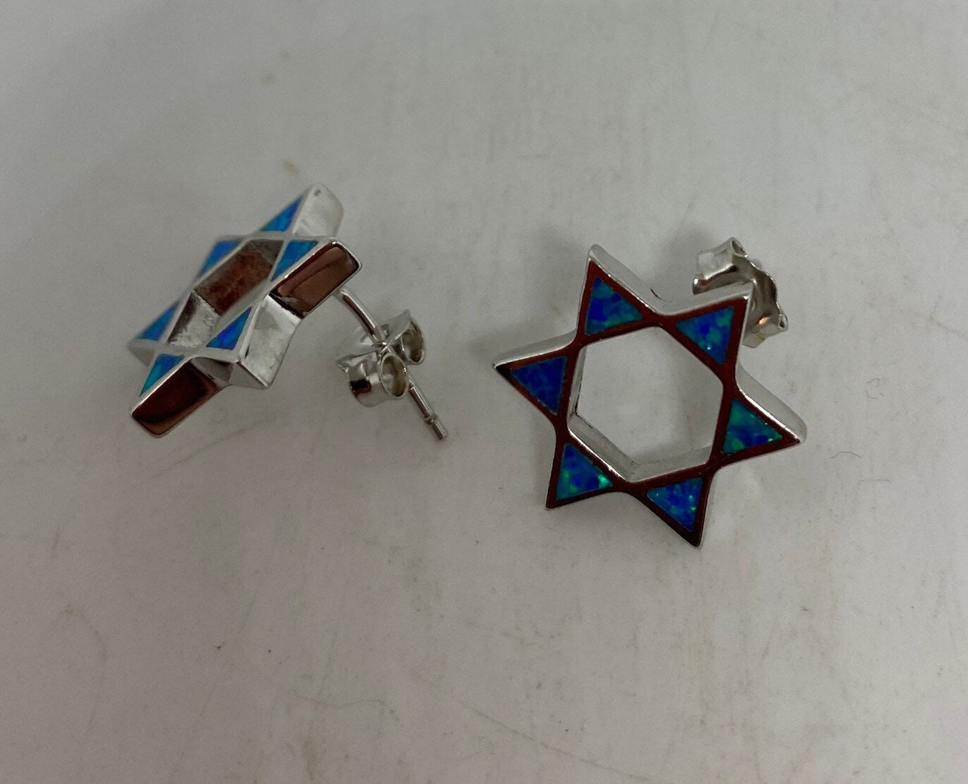 Vintage Blue Opal Star of David Earrings 925 Sterling Silver Stud button