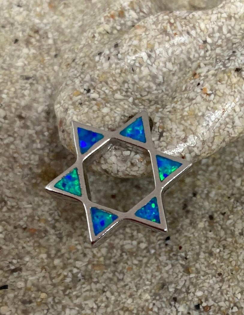 Vintage Blue Opal Star of David Earrings 925 Sterling Silver Stud button