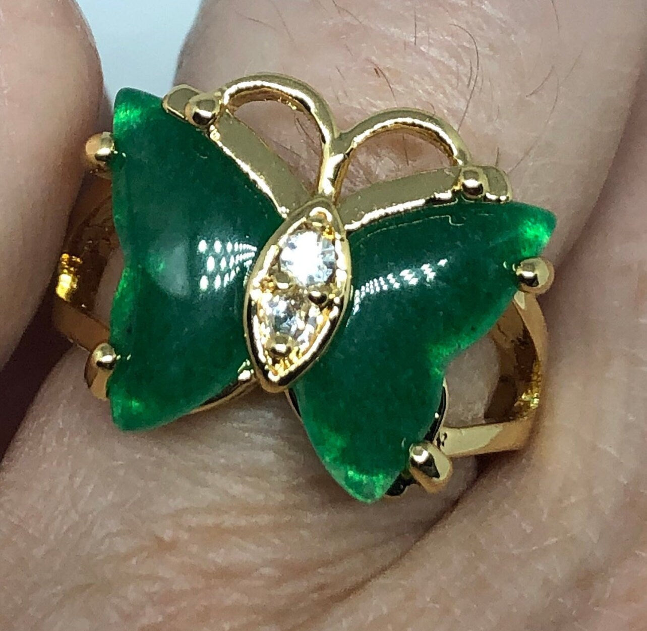 Vintage Lucky Green Nephrite Jade Butterfly Ring