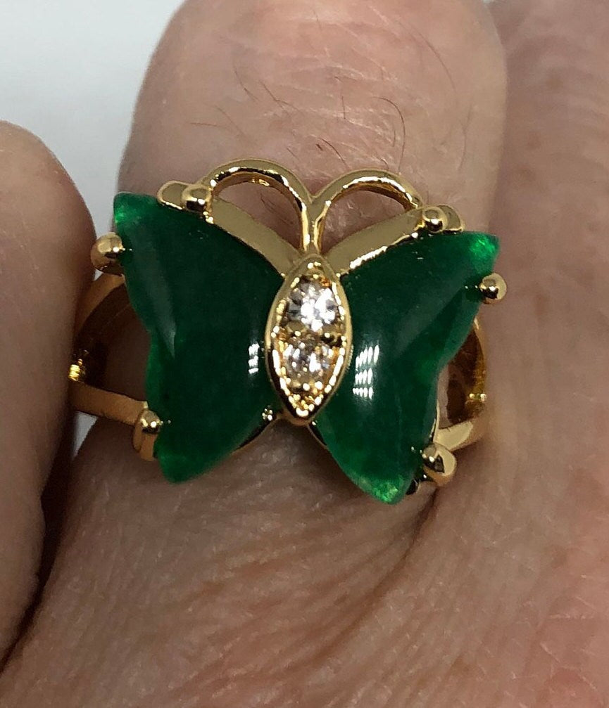 Vintage Lucky Green Nephrite Jade Butterfly Ring