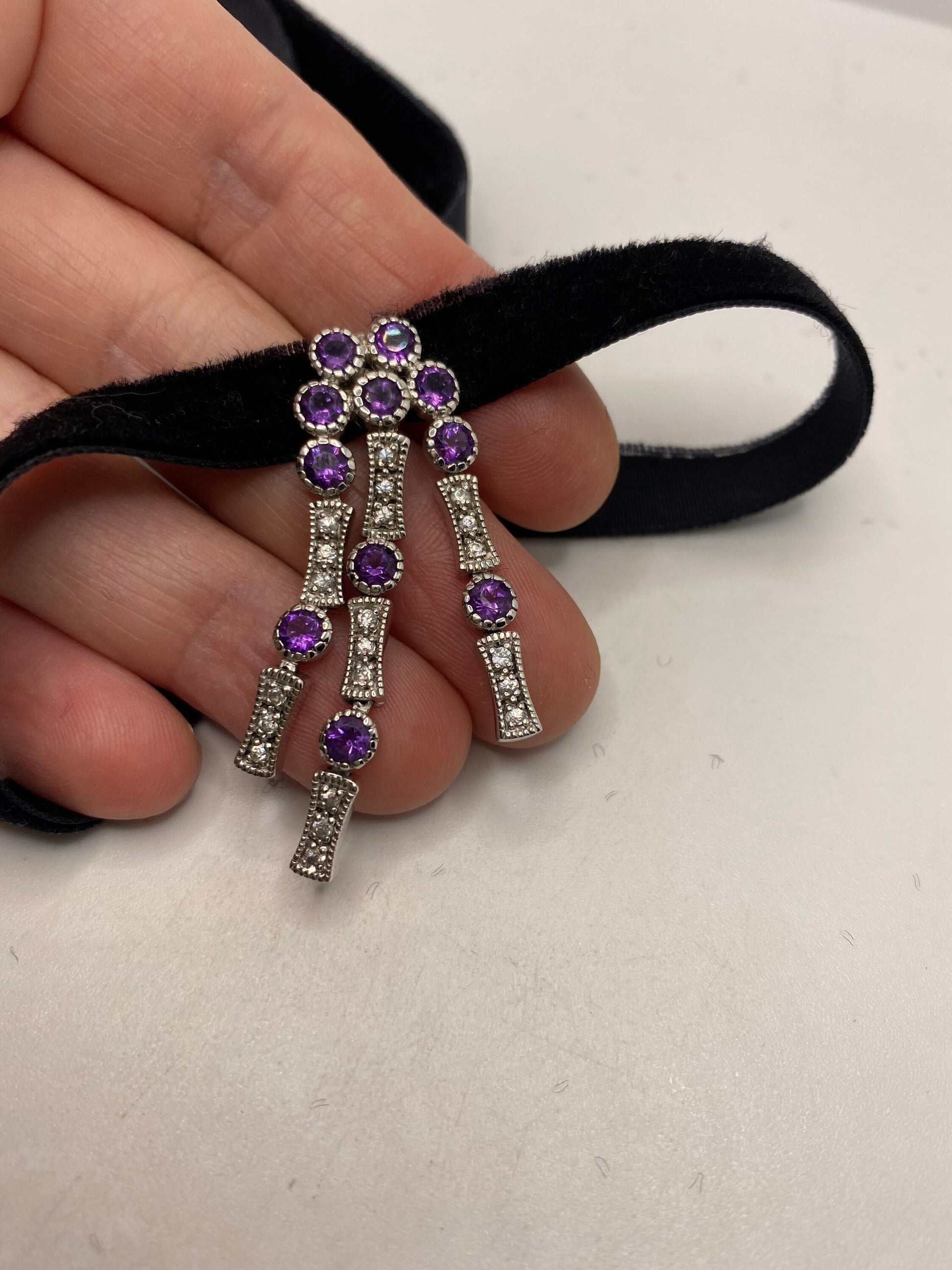 Vintage chandelier Choker 925 Sterling Silver Purple Amethyst Pendant