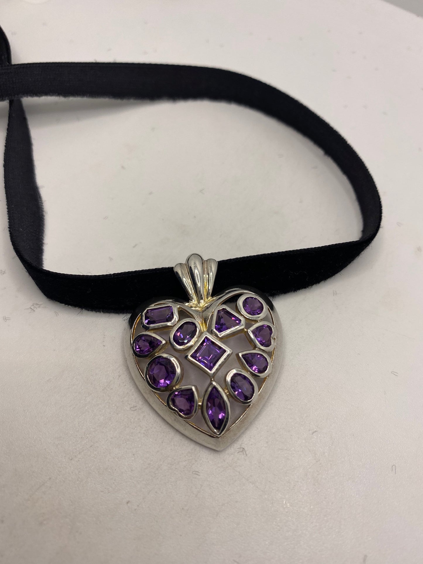 Vintage Heart Choker 925 Sterling Silver Purple Amethyst Pendant