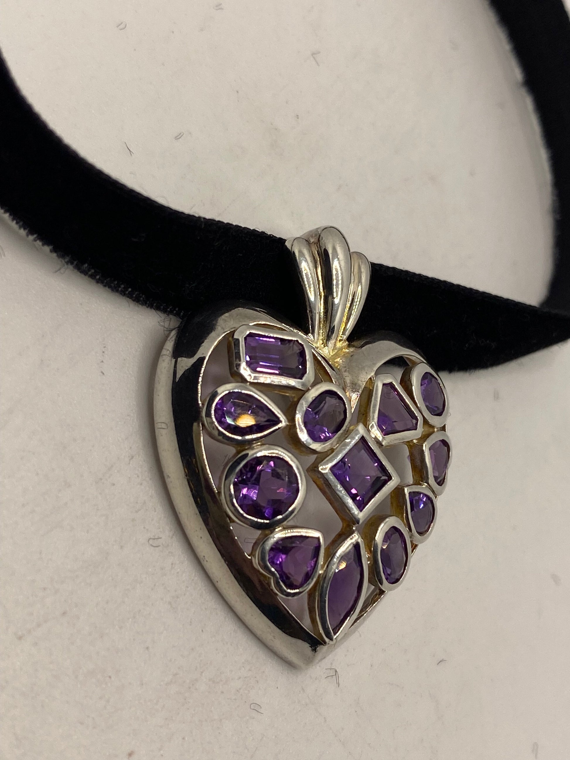 Vintage Heart Choker 925 Sterling Silver Purple Amethyst Pendant