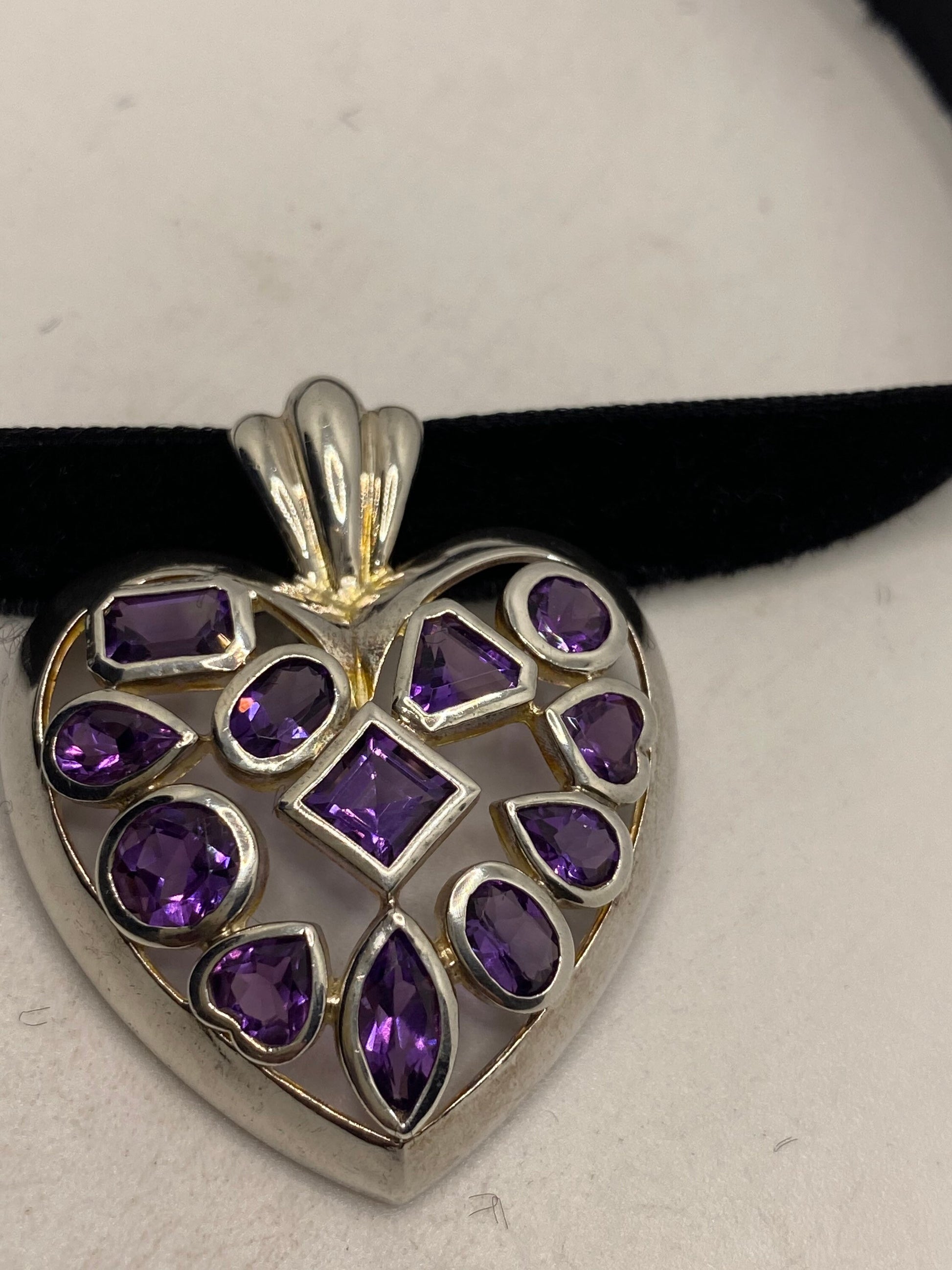 Vintage Heart Choker 925 Sterling Silver Purple Amethyst Pendant