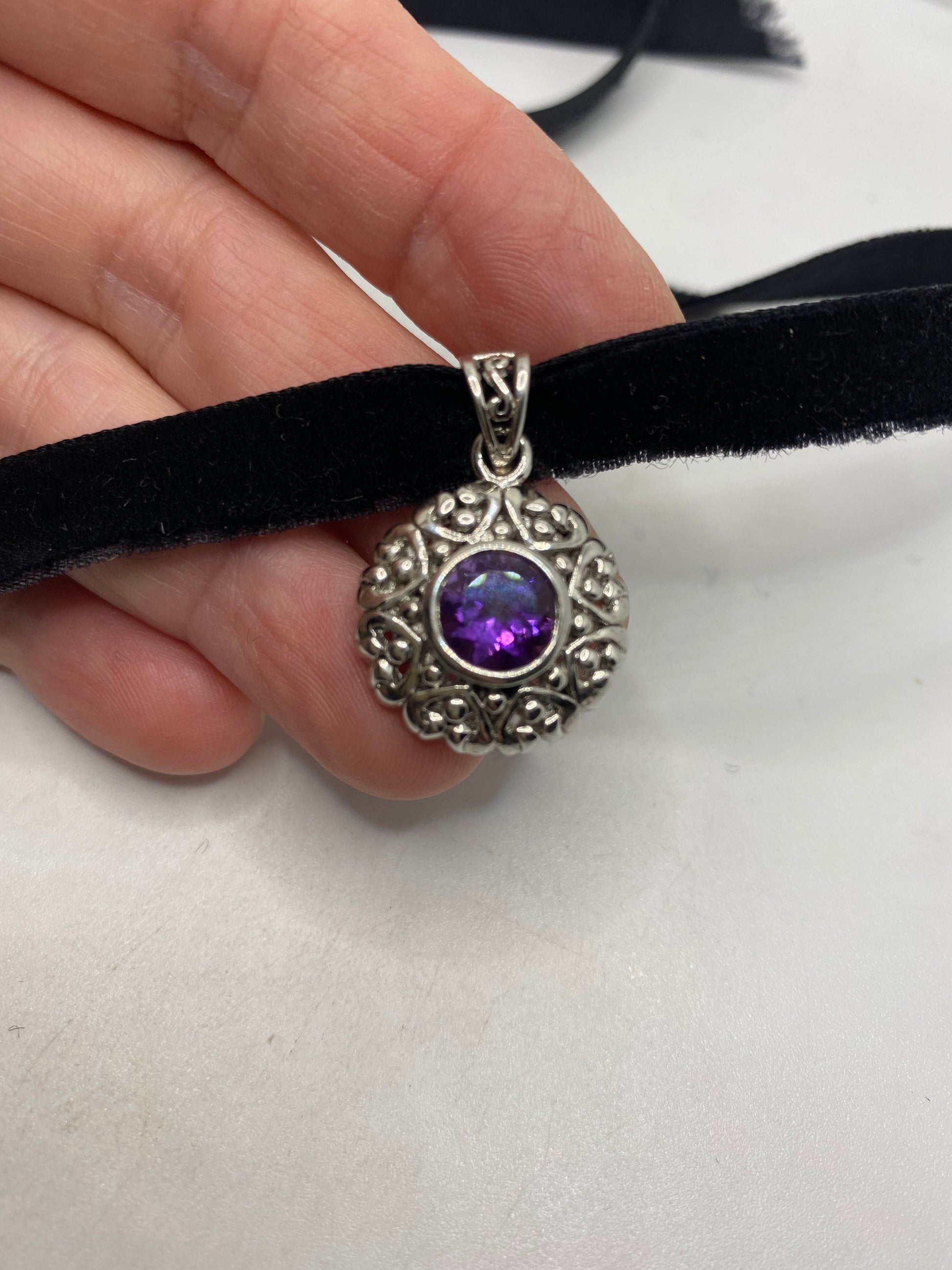 Vintage Choker 925 Sterling Silver Purple Amethyst Pendant