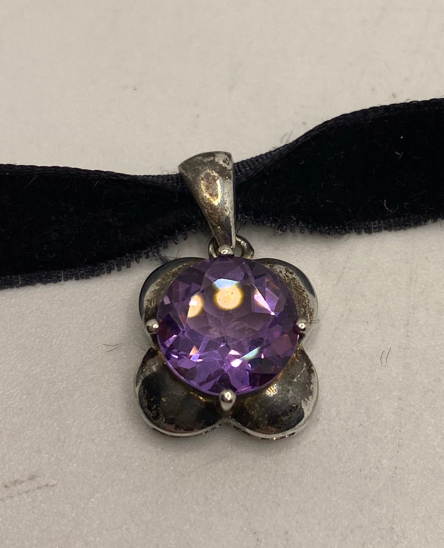 Vintage Choker 925 Sterling Silver Purple Amethyst Pendant