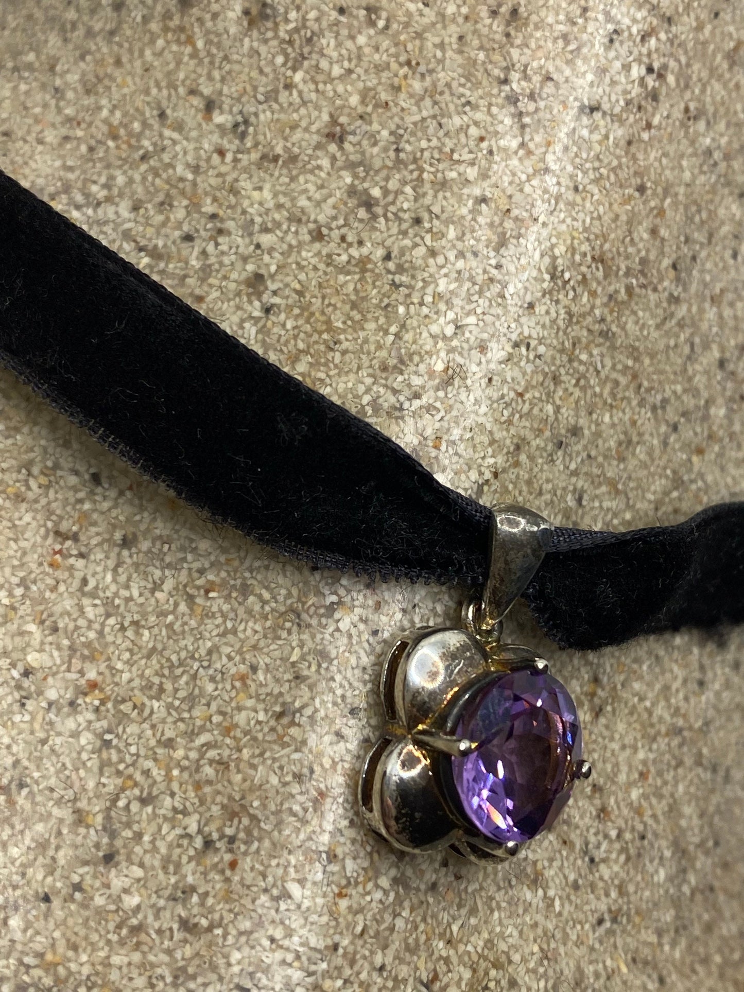 Vintage Choker 925 Sterling Silver Purple Amethyst Pendant