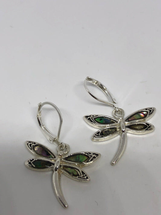 Vintage Handmade Silver Dragonfly Rainbow Abalone Earrings