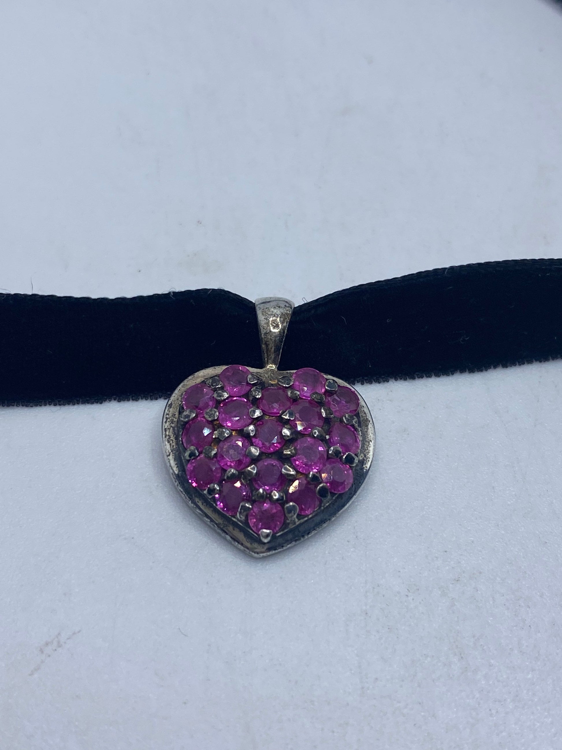 Vintage 925 Sterling Silver Heart Ruby Choker Pendant