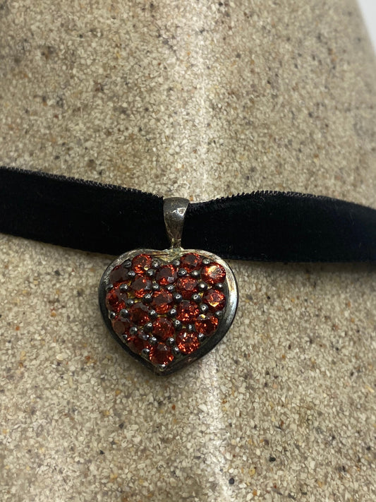 Vintage Heart Choker 925 Sterling Silver Garnet Pendant Necklace
