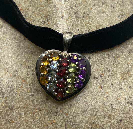 Vintage 925 Sterling Silver Heart Choker Garnet, Mixed Gemstone and Citrine Antique Pendant Necklace