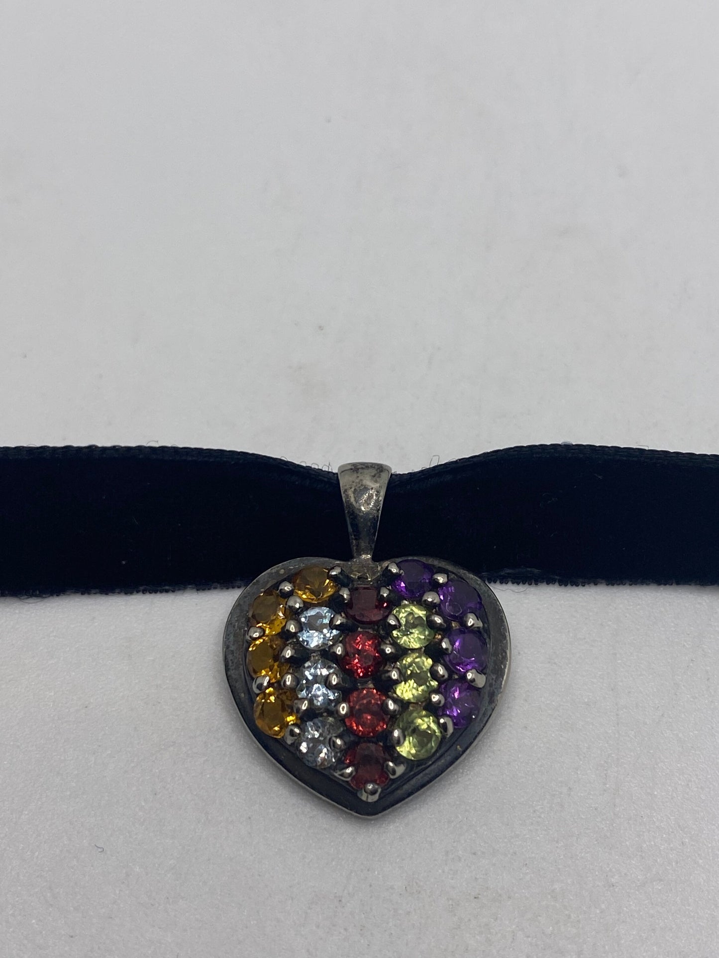 Vintage 925 Sterling Silver Heart Choker Garnet, Mixed Gemstone and Citrine Antique Pendant Necklace