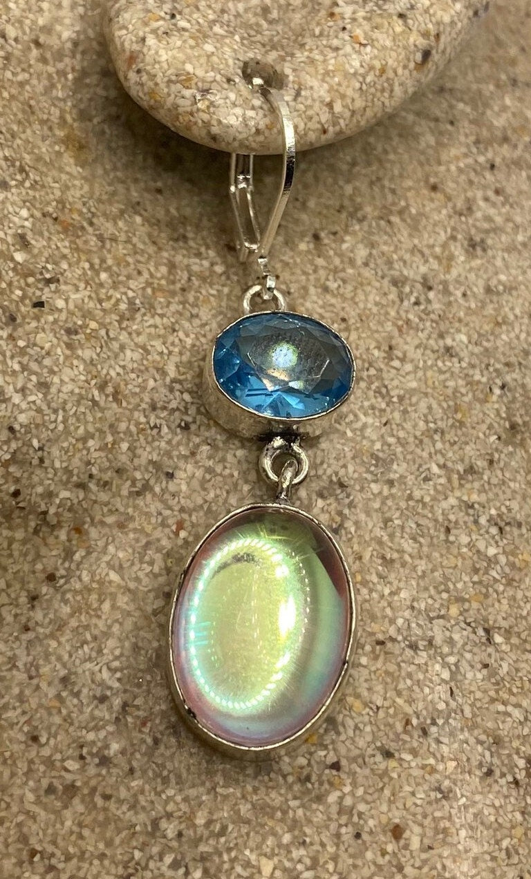 Antique Vintage Pink Opal Glass with Blue Topaz Silver Dangle Earrings