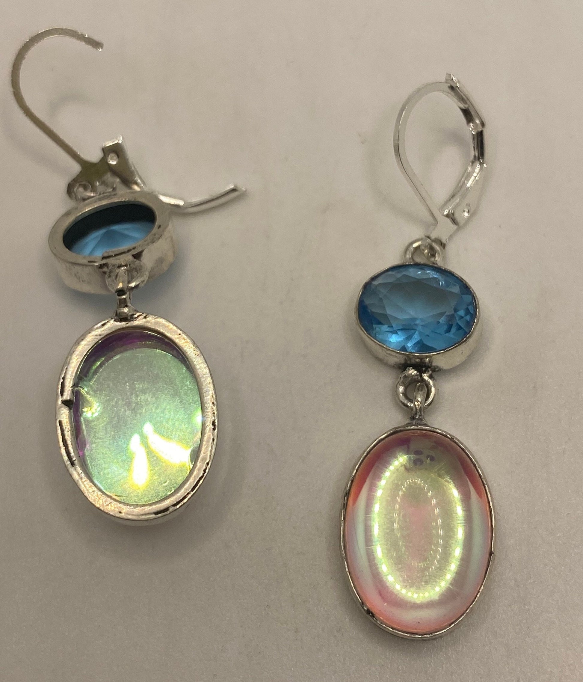 Antique Vintage Pink Opal Glass with Blue Topaz Silver Dangle Earrings
