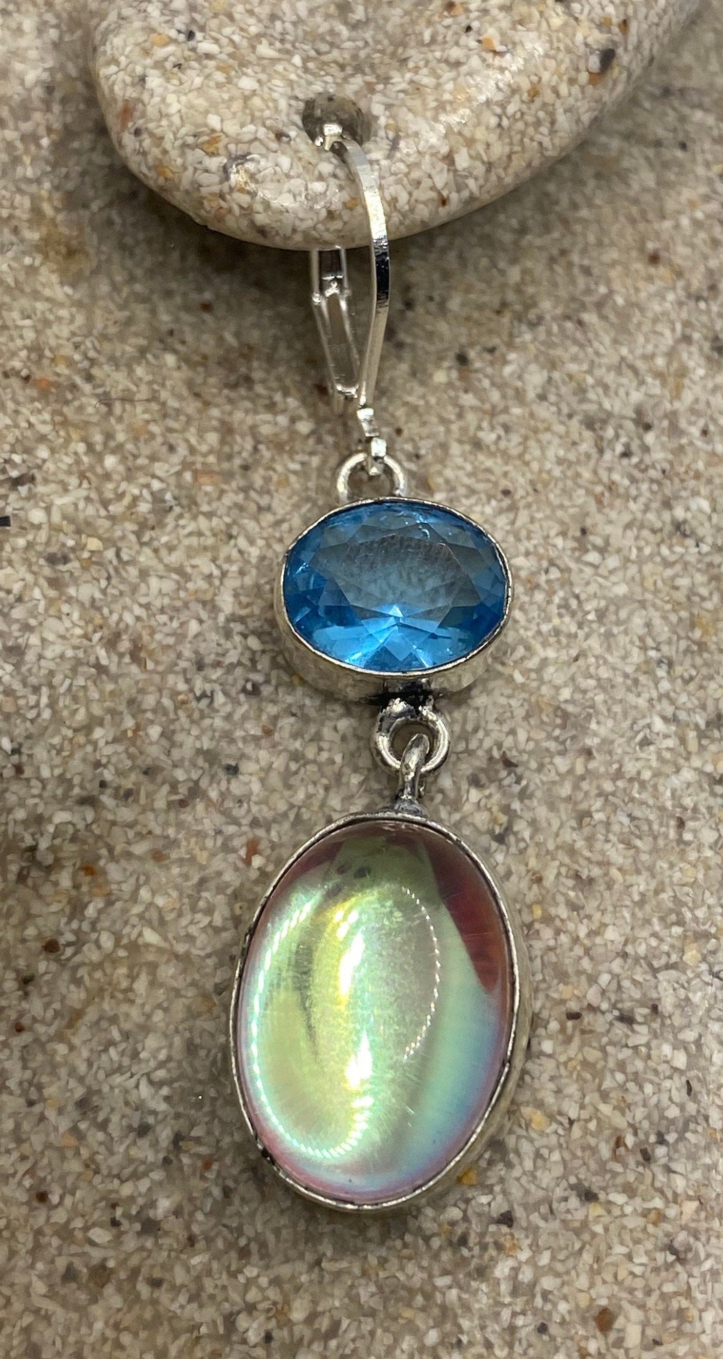 Antique Vintage Pink Opal Glass with Blue Topaz Silver Dangle Earrings