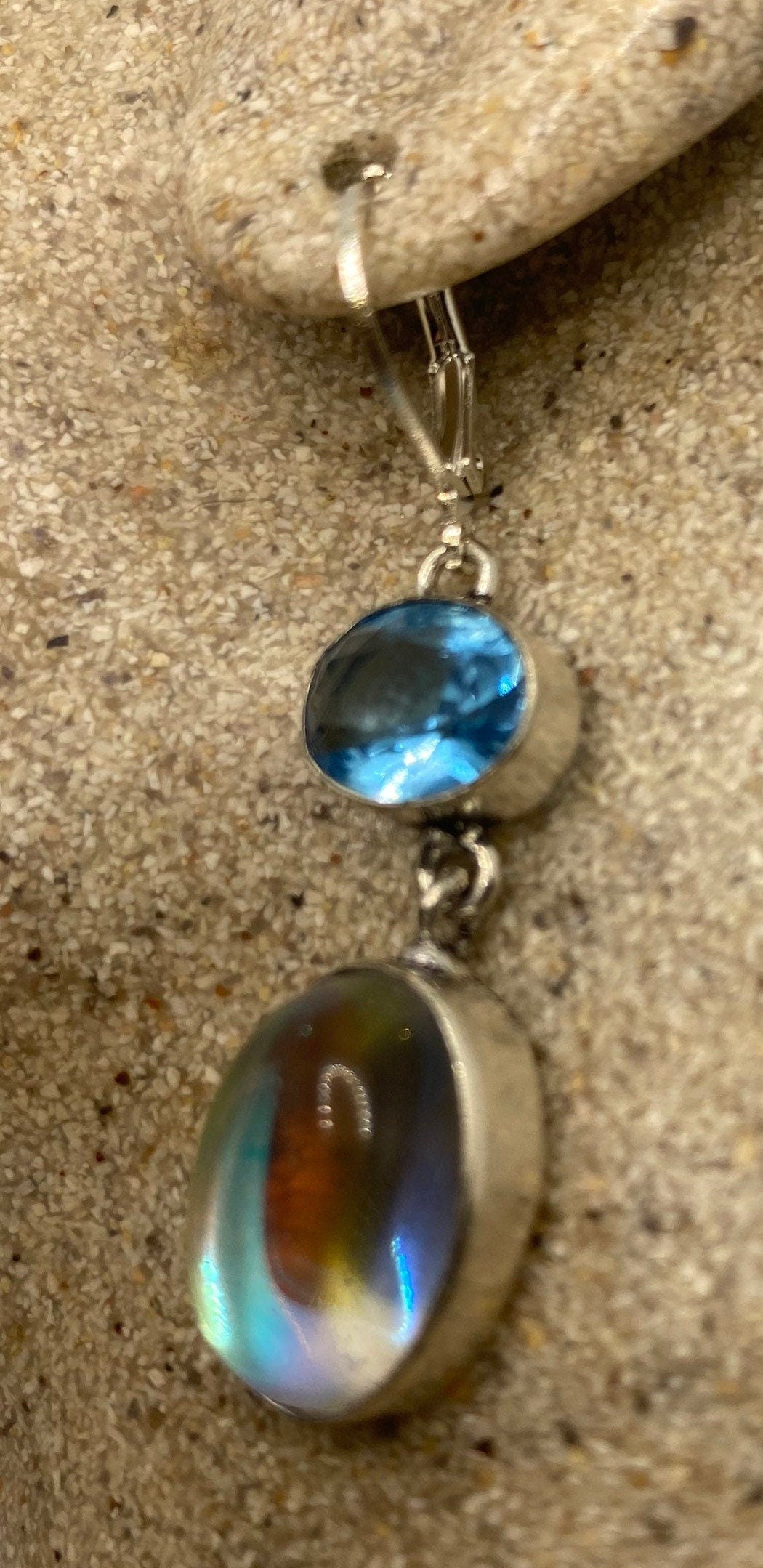 Antique Vintage Pink Opal Glass with Blue Topaz Silver Dangle Earrings