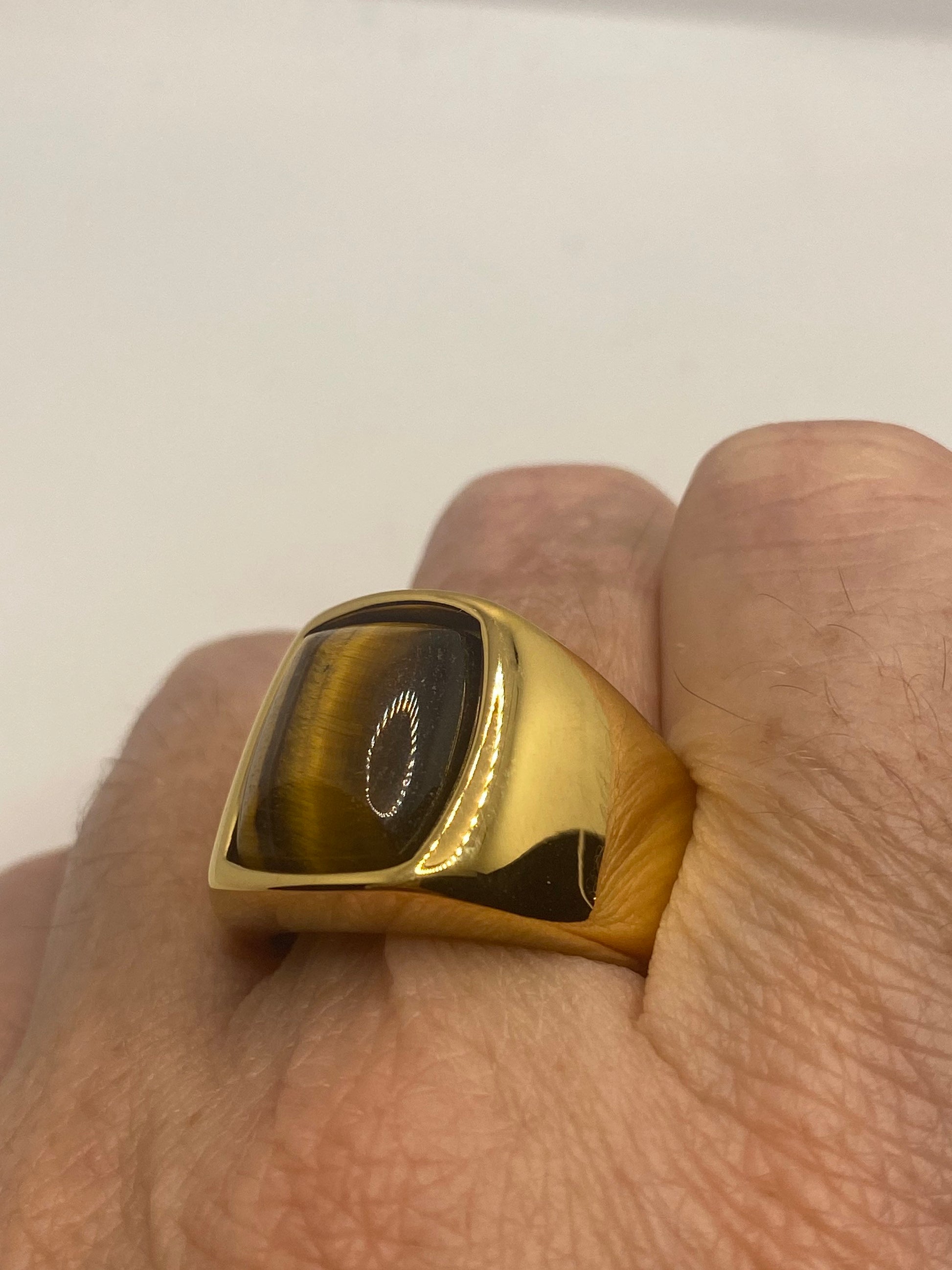 Vintage Gold Finished Stainless Steel Genuine Tigers Eye Ring