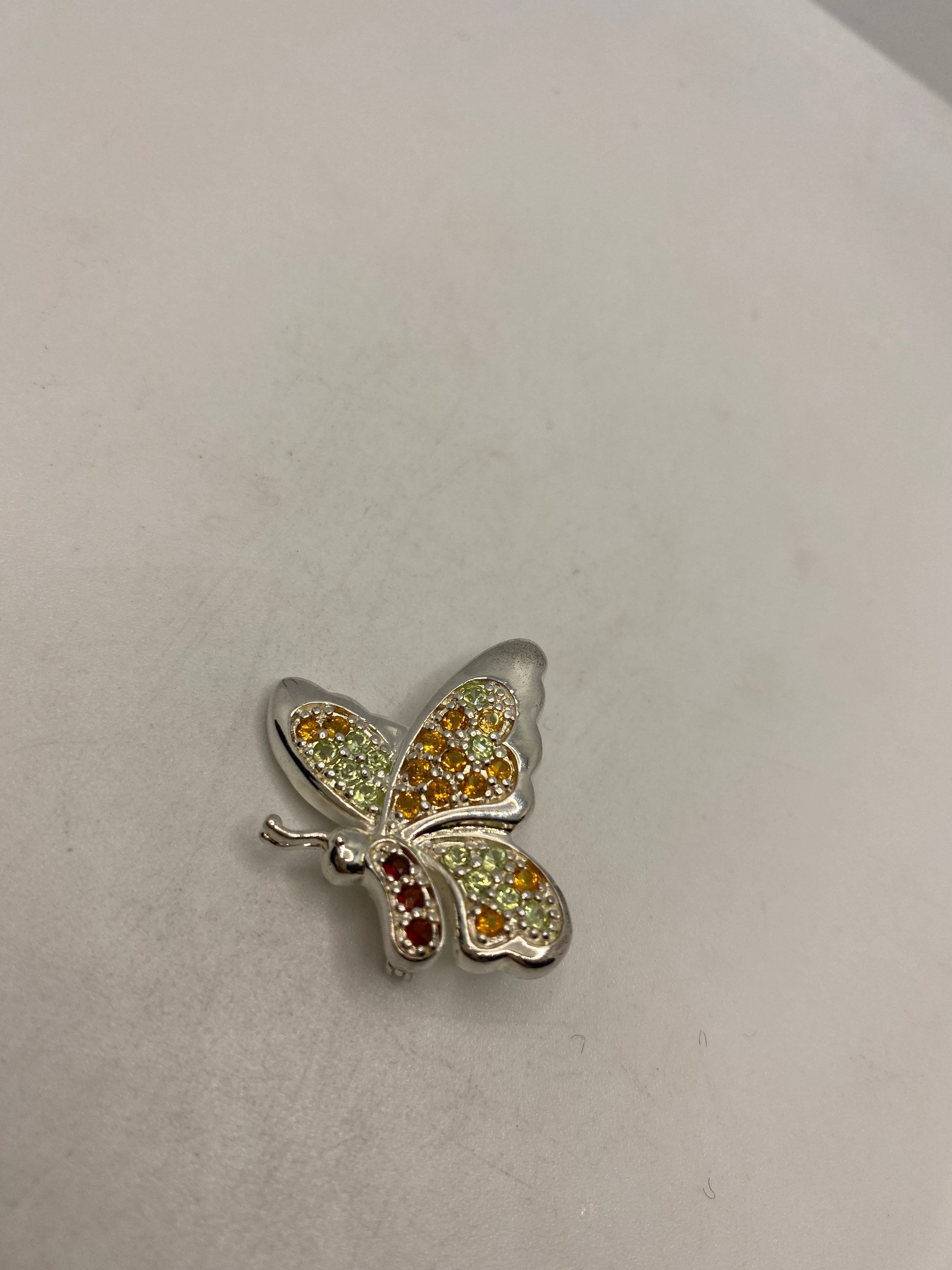 Vintage Citrine Peridot and Garnet pin 925 Sterling Silver Butterfly Brooch