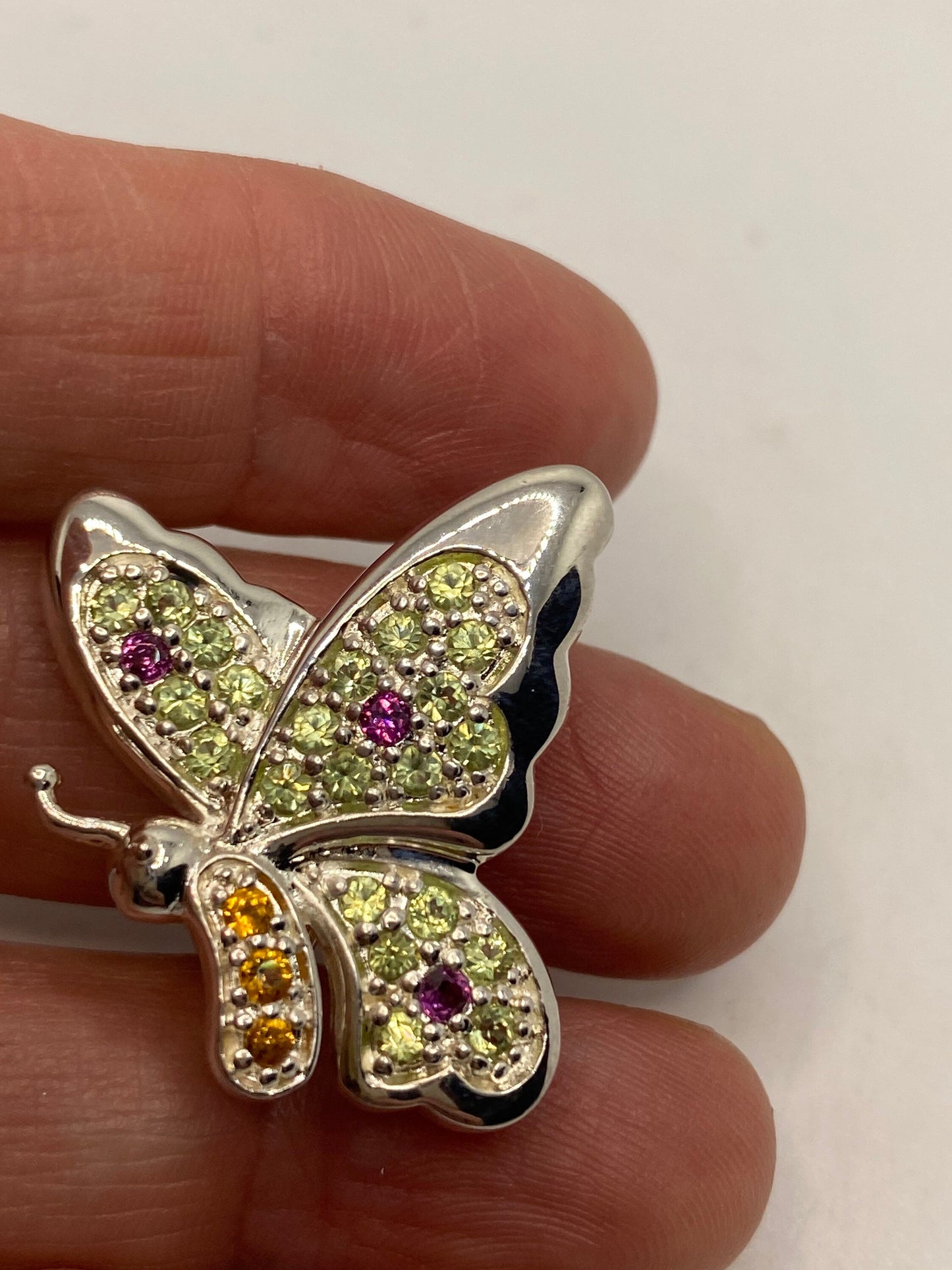 Vintage Citrine Peridot and red tourmaline pin 925 Sterling Silver Butterfly Brooch