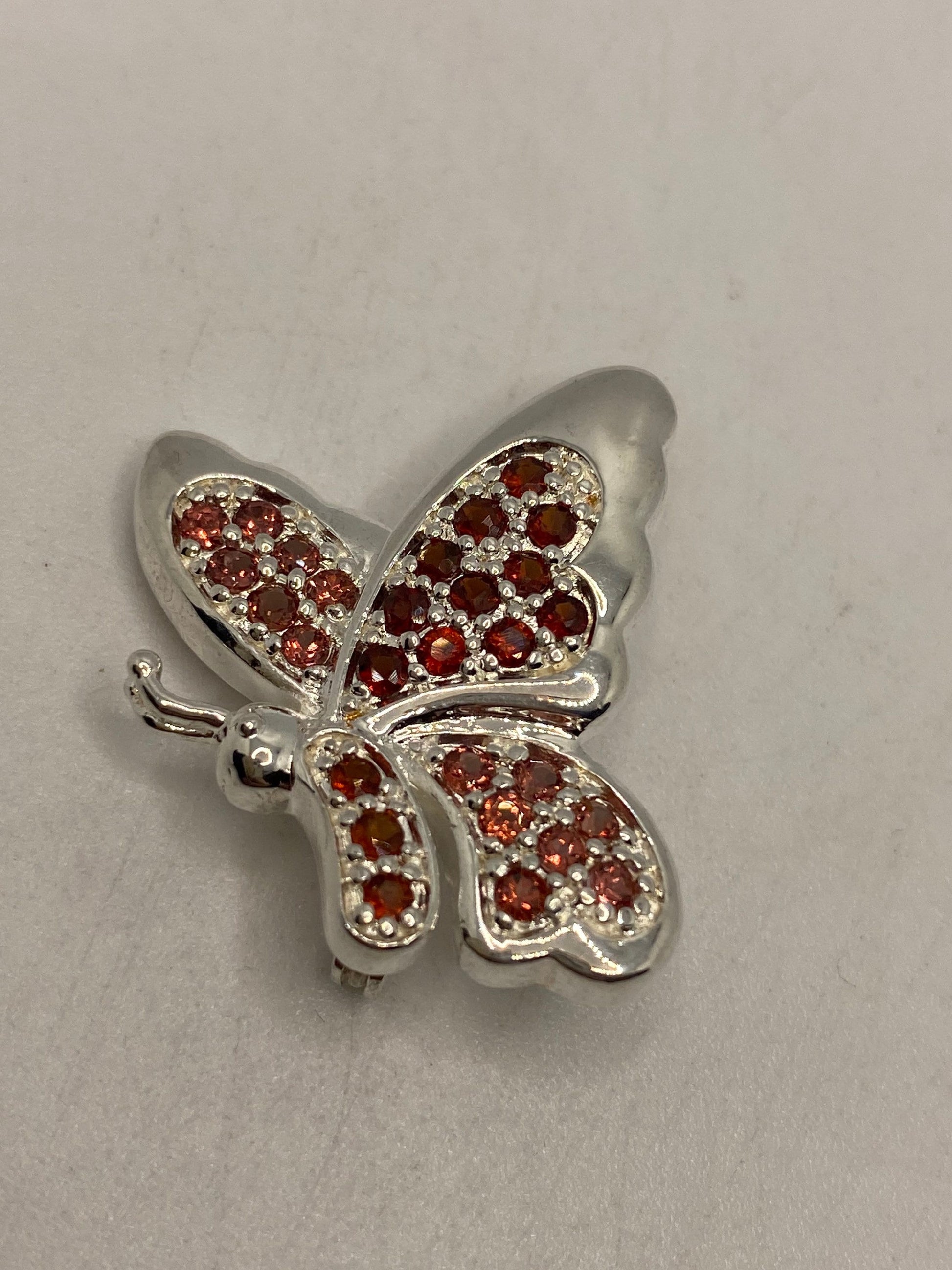 Vintage Red Garnet Pin 925 Sterling Silver Butterfly Brooch