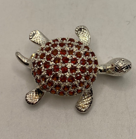 Vintage Red Garnet Turtle Pin 925 Sterling Silver Brooch