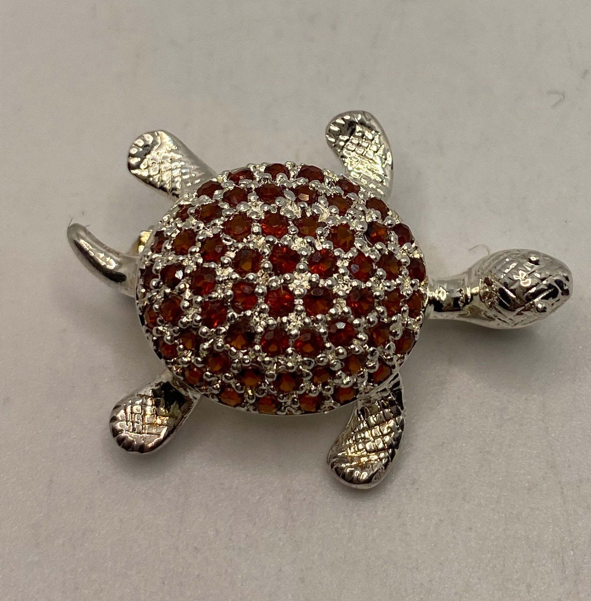 Vintage Red Garnet Turtle Pin 925 Sterling Silver Brooch