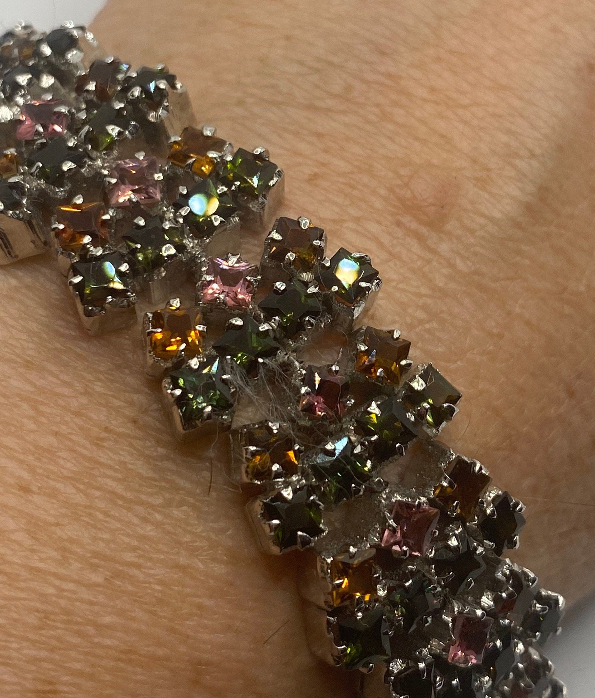 Vintage Watermellon Tourmaline Statement Bracelet 925 Sterling Silver