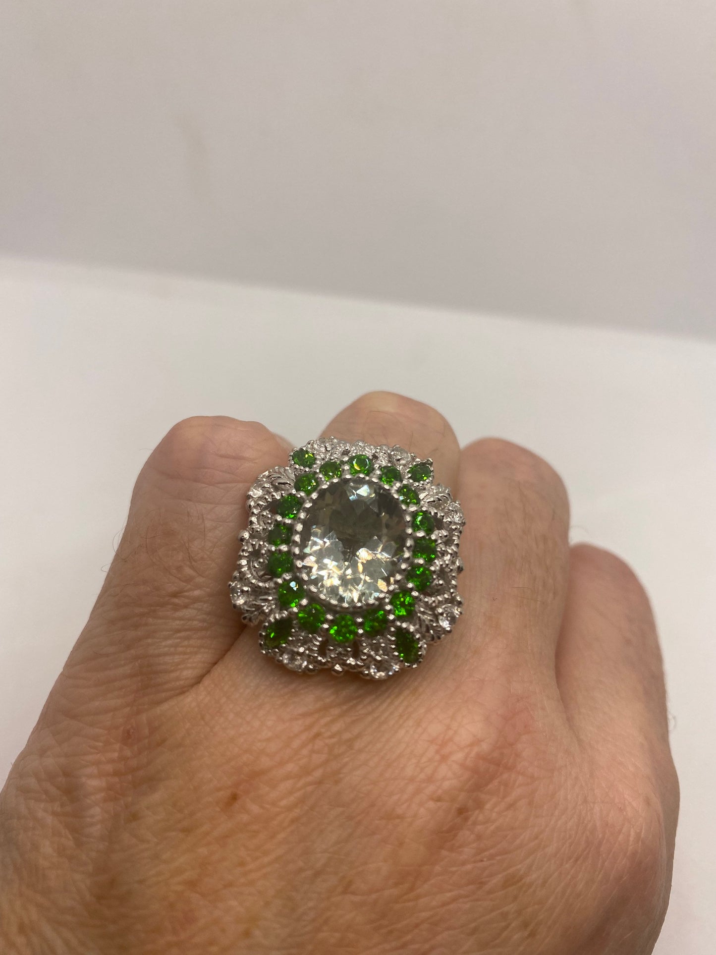 Vintage Green Amethyst, Crome Diopside and White Sapphire 925 Sterling Silver Cocktail Ring