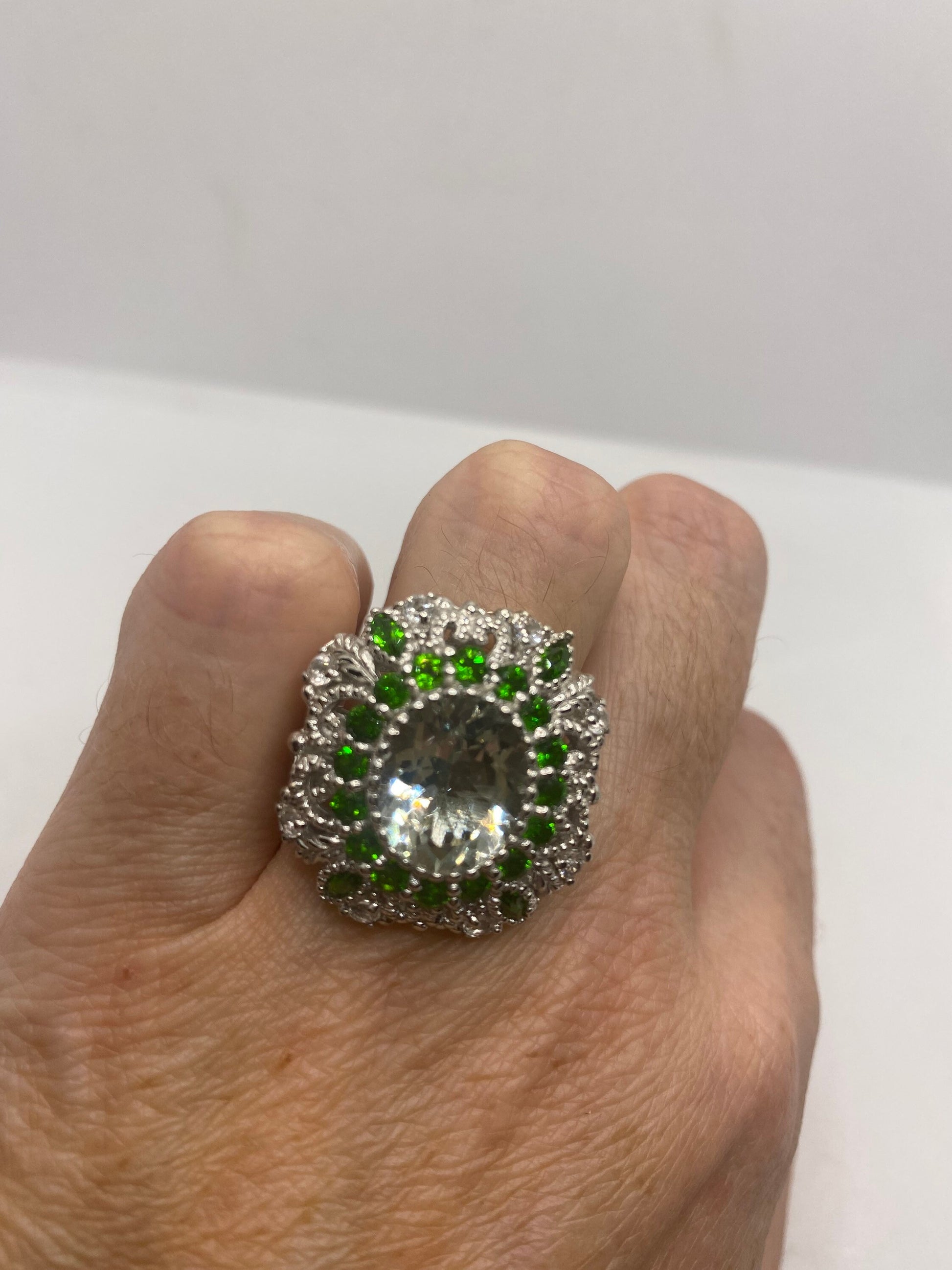 Vintage Green Amethyst, Crome Diopside and White Sapphire 925 Sterling Silver Cocktail Ring