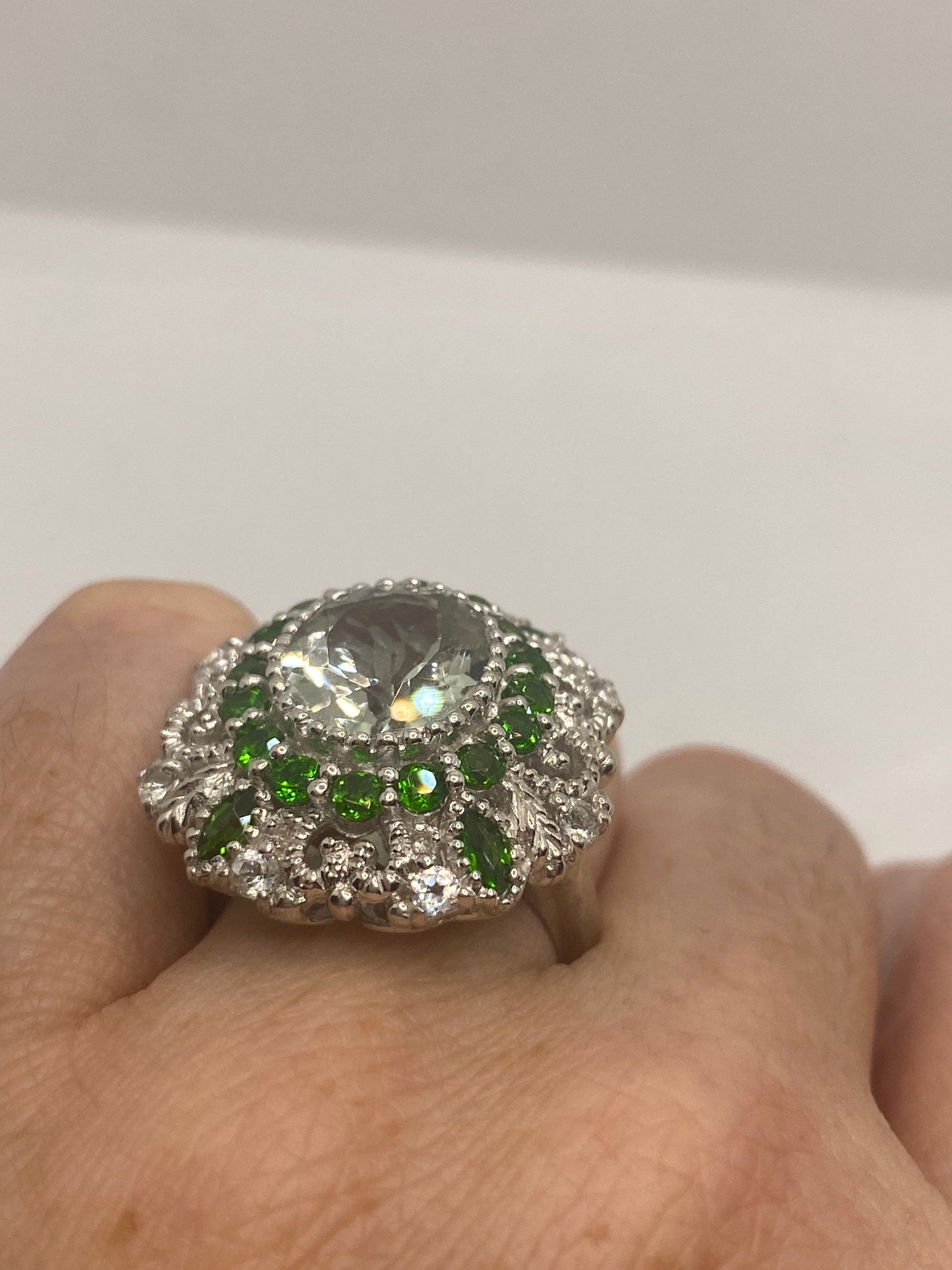 Vintage Green Amethyst, Crome Diopside and White Sapphire 925 Sterling Silver Cocktail Ring