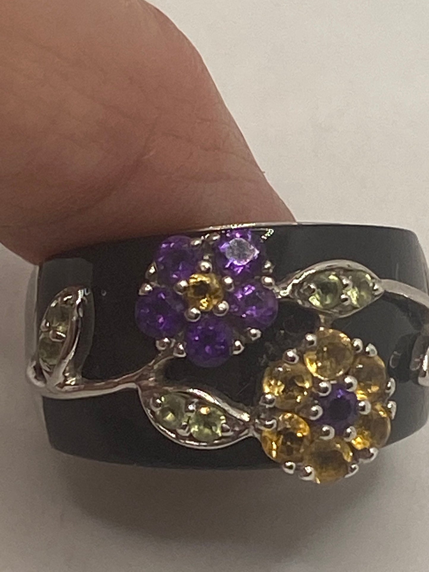 Vintage Citrine Green Peridot and Amethyst Over Black Onyx 925 Sterling Silver Ring