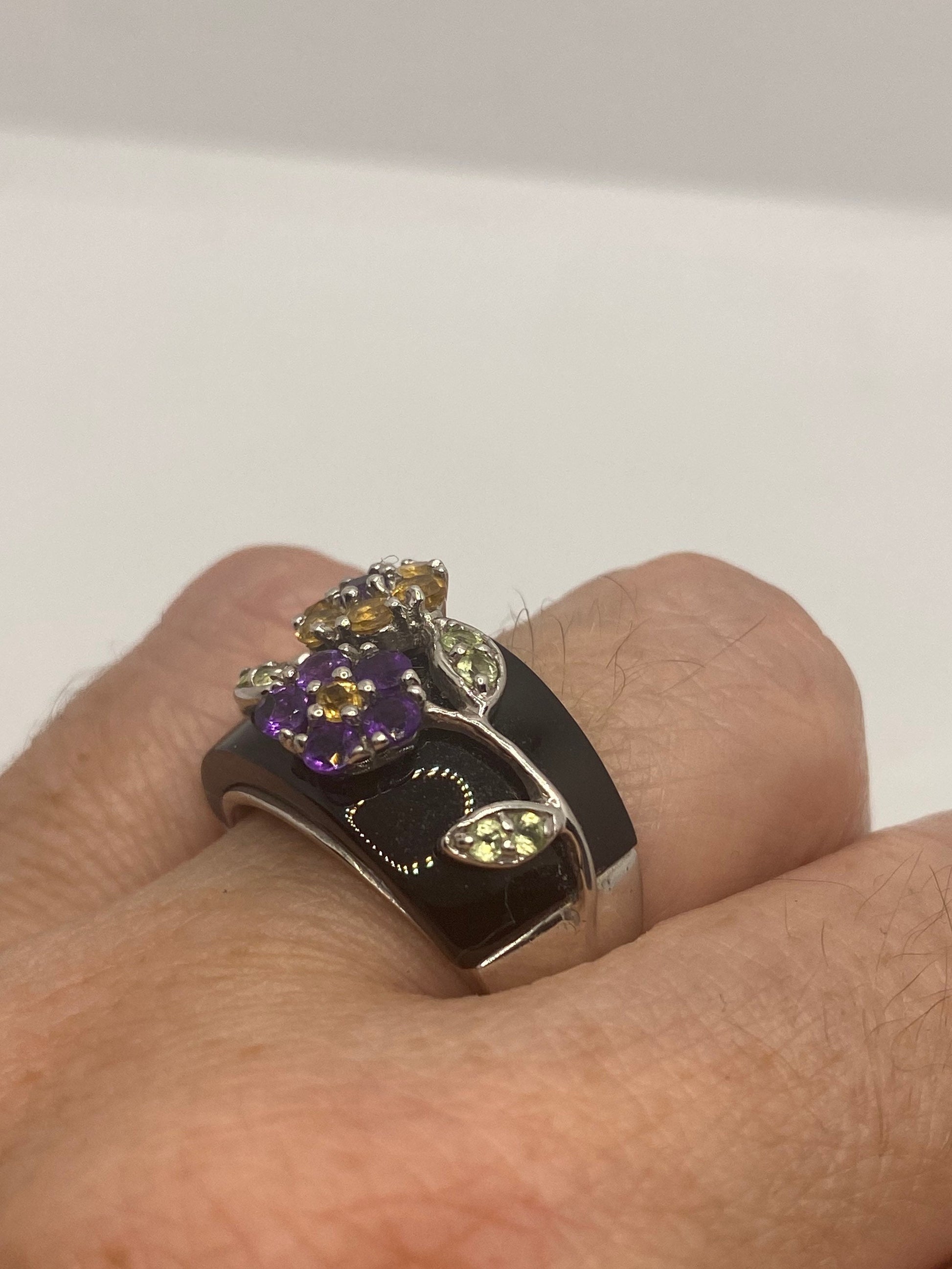 Vintage Citrine Green Peridot and Amethyst Over Black Onyx 925 Sterling Silver Ring
