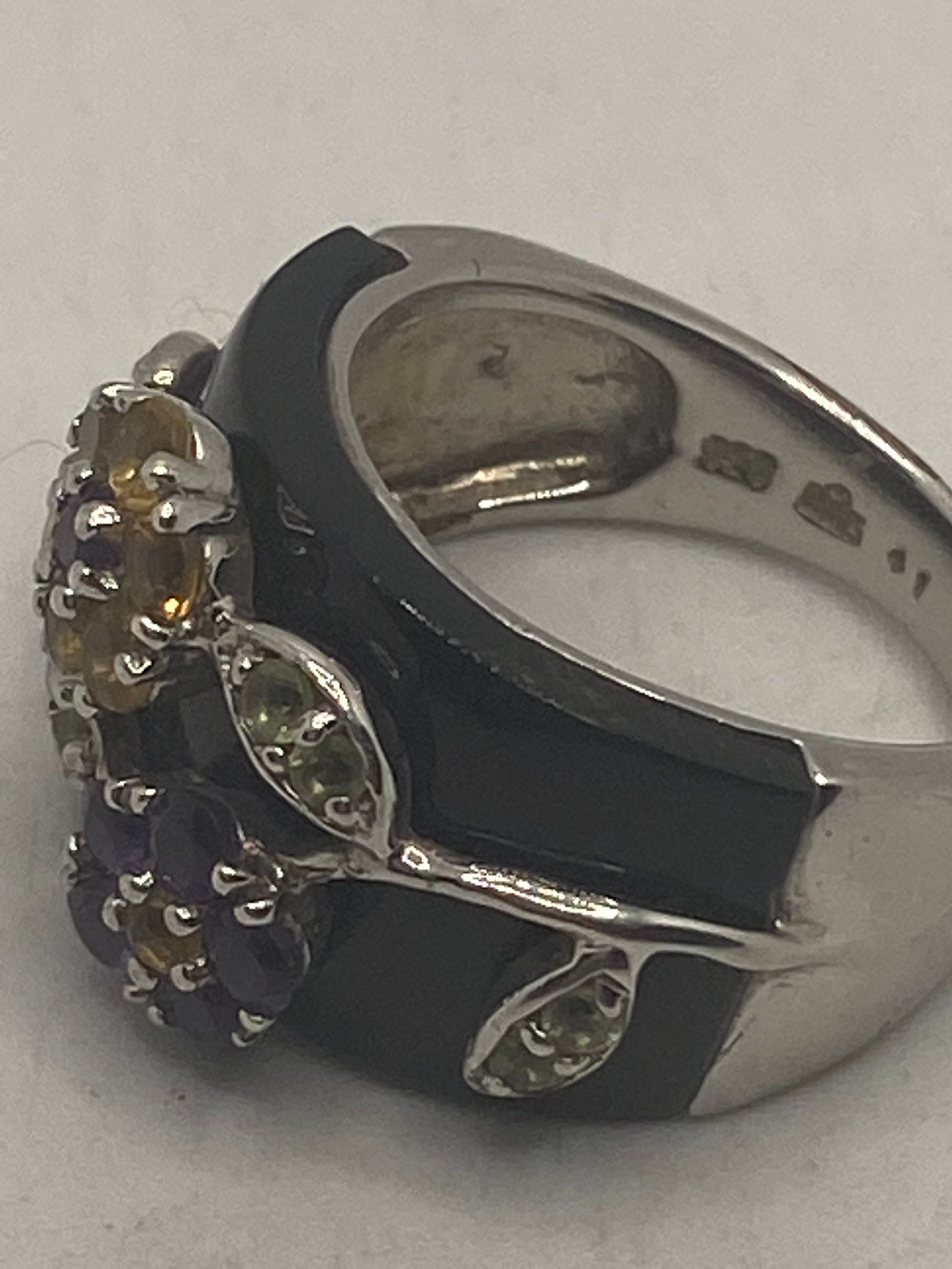 Vintage Citrine Green Peridot and Amethyst Over Black Onyx 925 Sterling Silver Ring