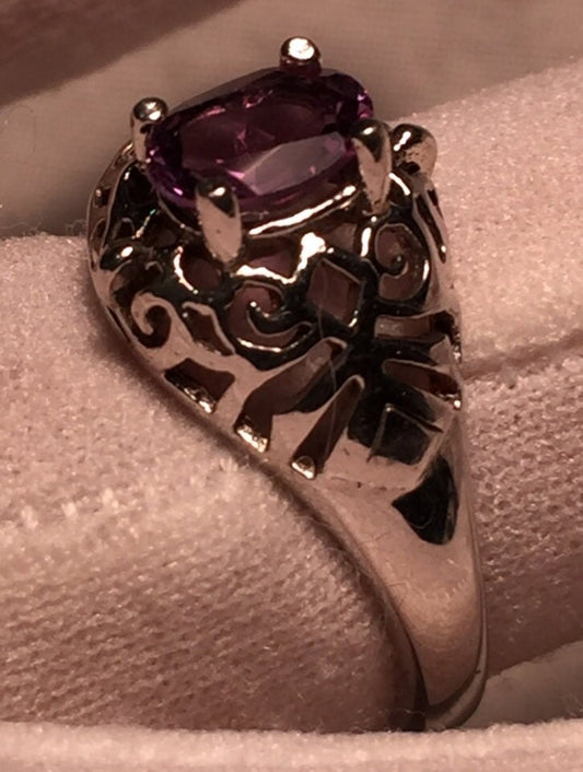 Vintage Handmade Genuine Purple Amethyst Filigree Setting 925 Sterling Silver Ring