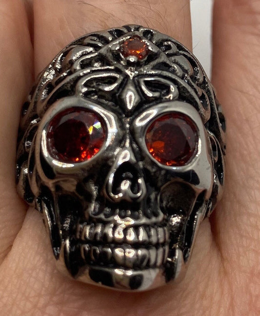 Vintage Gothic Silver Stainless Steel Skull Catacombs Red Crystal Mens Ring
