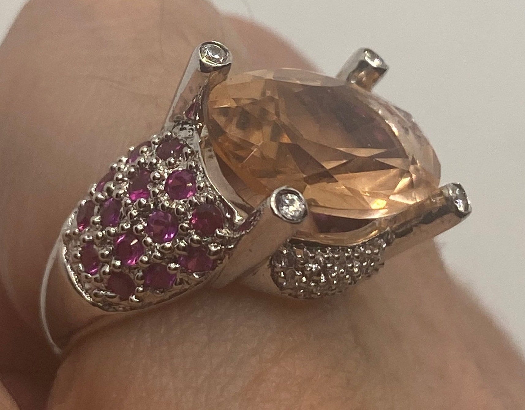 Vintage Pink Topaz and Ruby 925 Sterling Silver Cocktail Ring