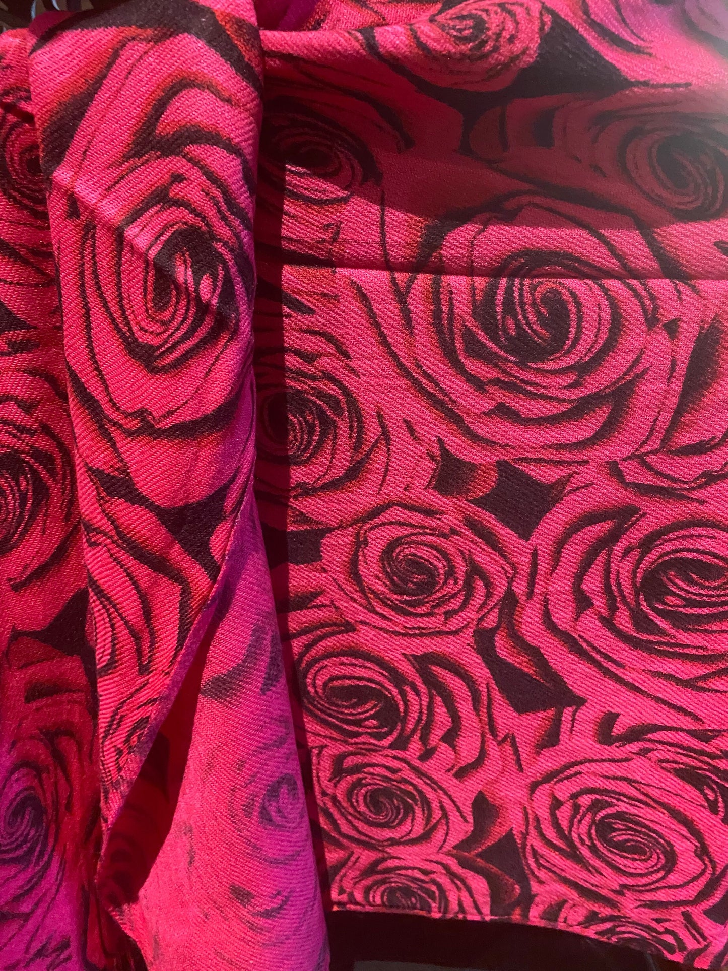 Vintage Valentine Fuscha Pink Black Rose Pashmina Wrap Shawl Scarf