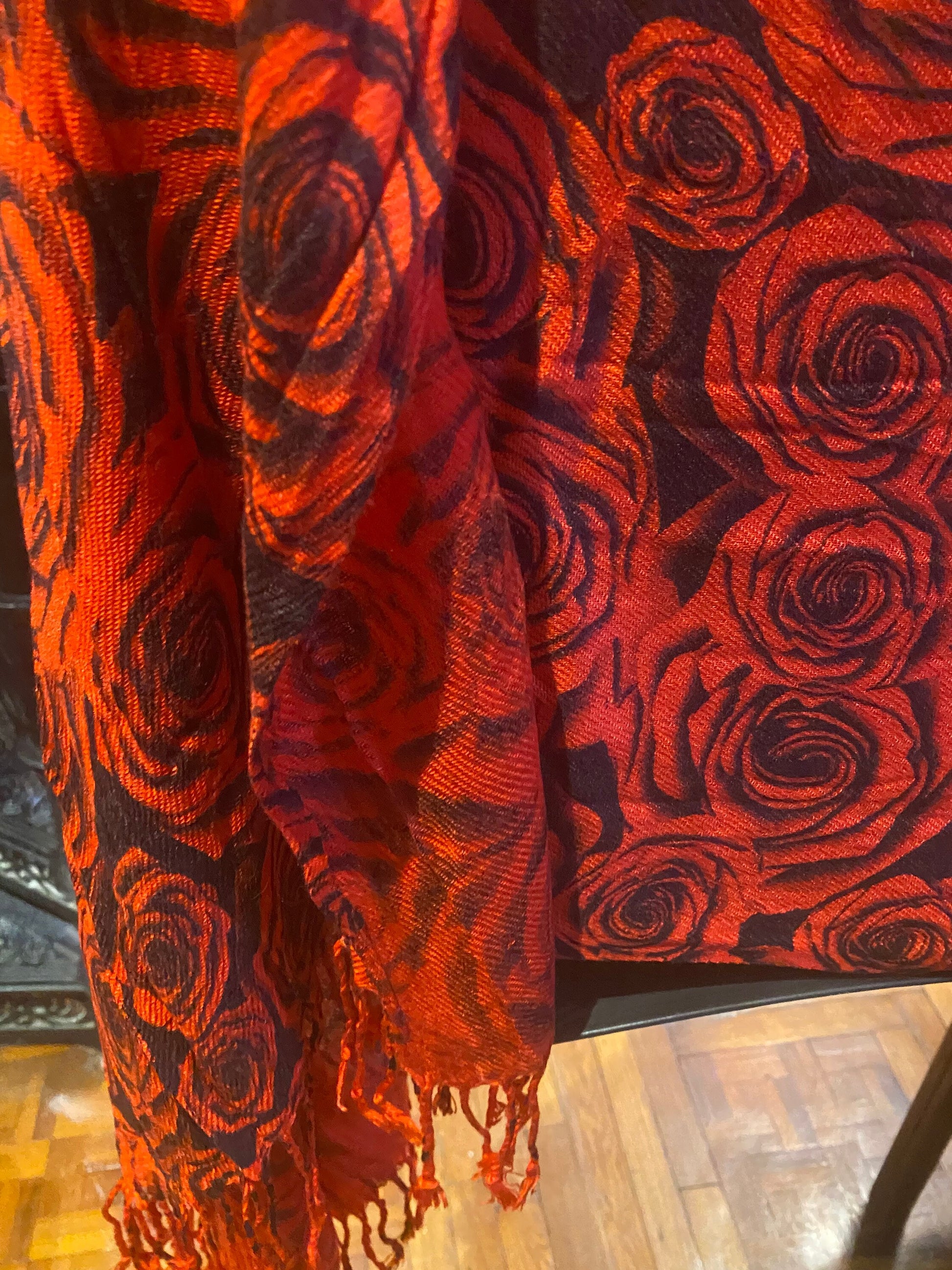 Vintage Valentine Red Black Rose Pashmina Wrap Shawl Scarf