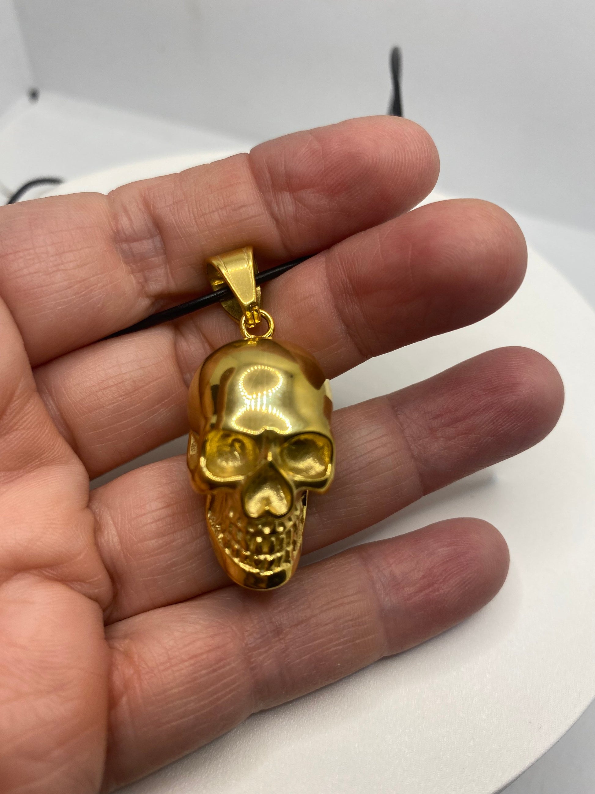 Vintage Golden Stainless Steel Skull Pendant Necklace