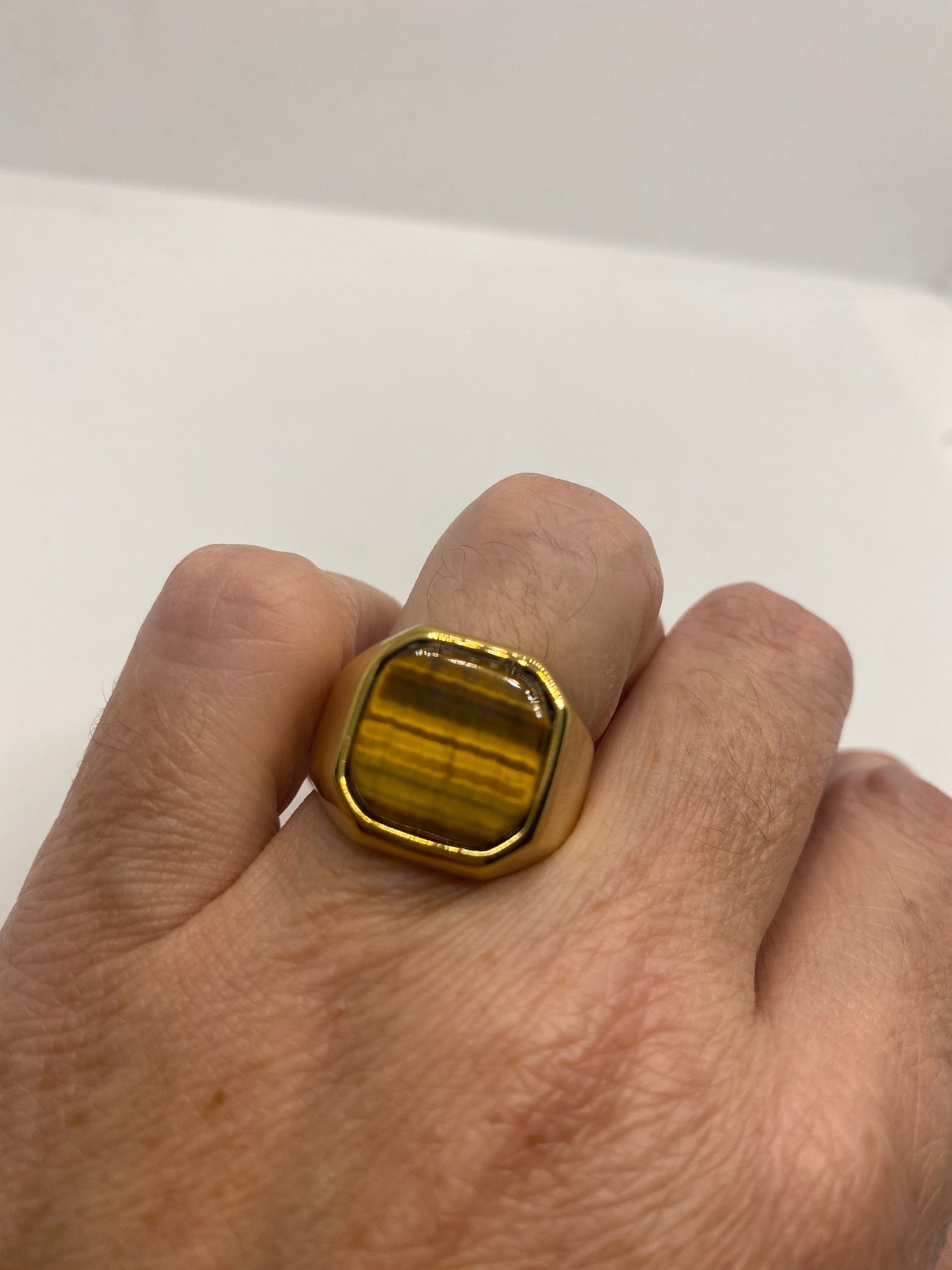 Vintage Gold Finished Stainless Steel Genuine Tigers Eye Ring