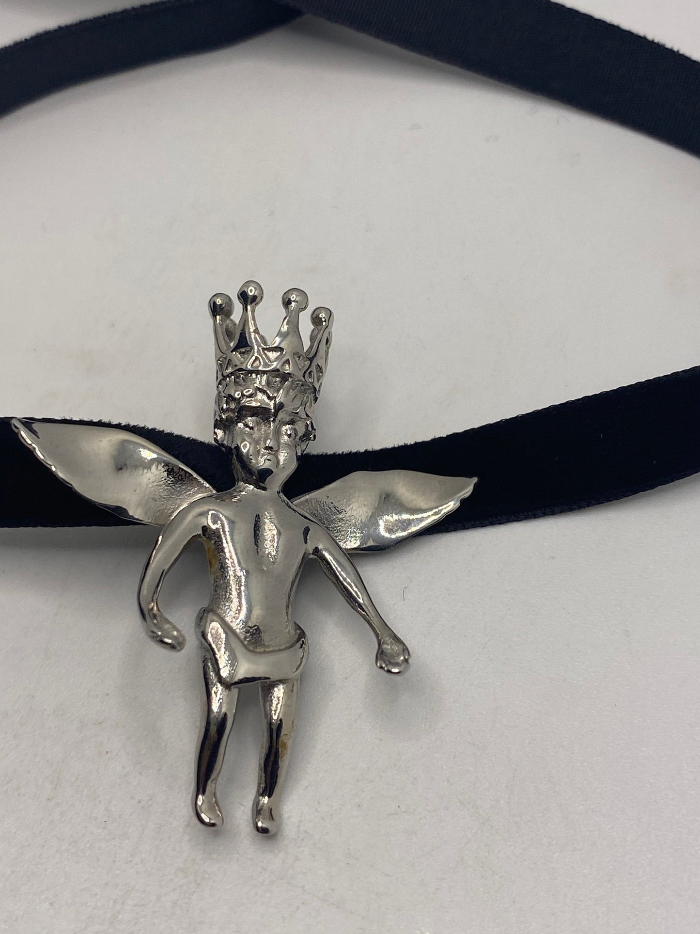 Vintage Handmade Silver Stainless Steel Guardian Angel Choker Pendant Necklace