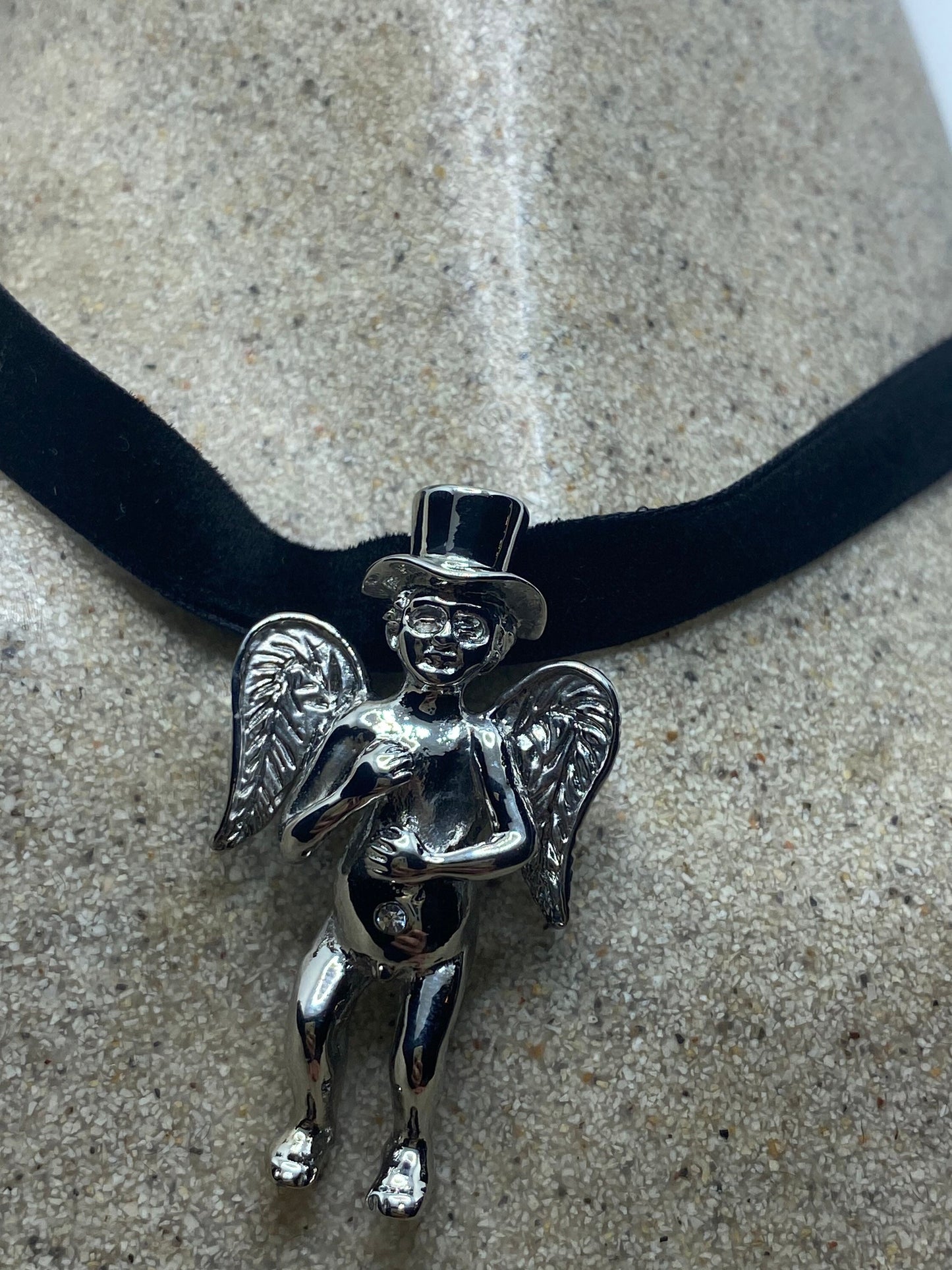 Vintage Handmade Silver Stainless Steel Guardian Angel Choker Pendant Necklace