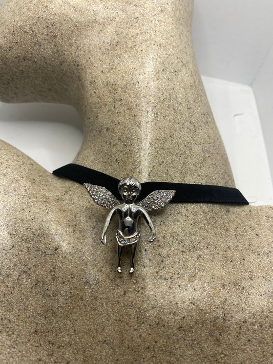 Vintage Handmade Silver Stainless Steel Guardian Angel Choker Pendant Necklace