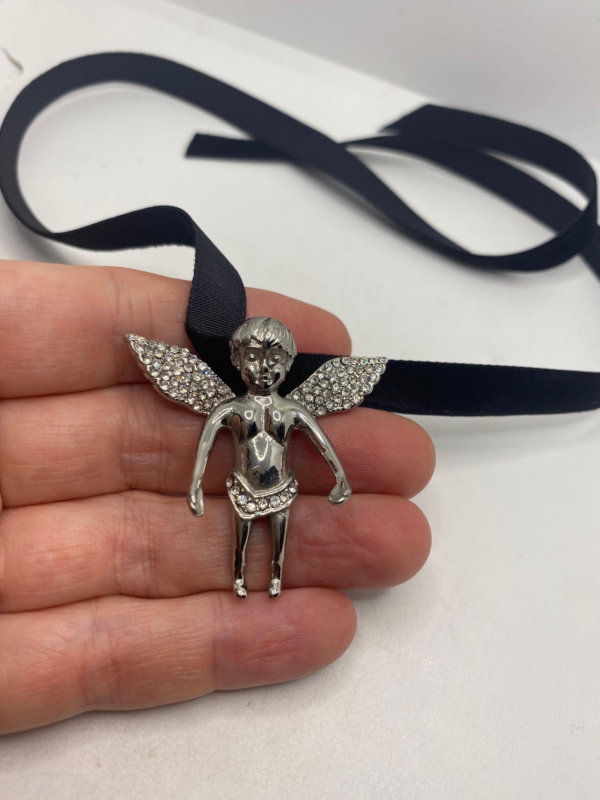 Vintage Handmade Silver Stainless Steel Guardian Angel Choker Pendant Necklace