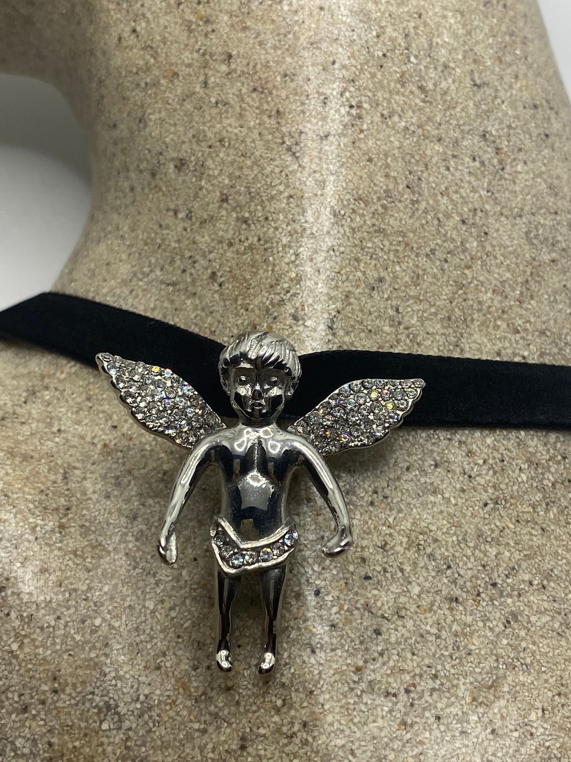Vintage Handmade Silver Stainless Steel Guardian Angel Choker Pendant Necklace