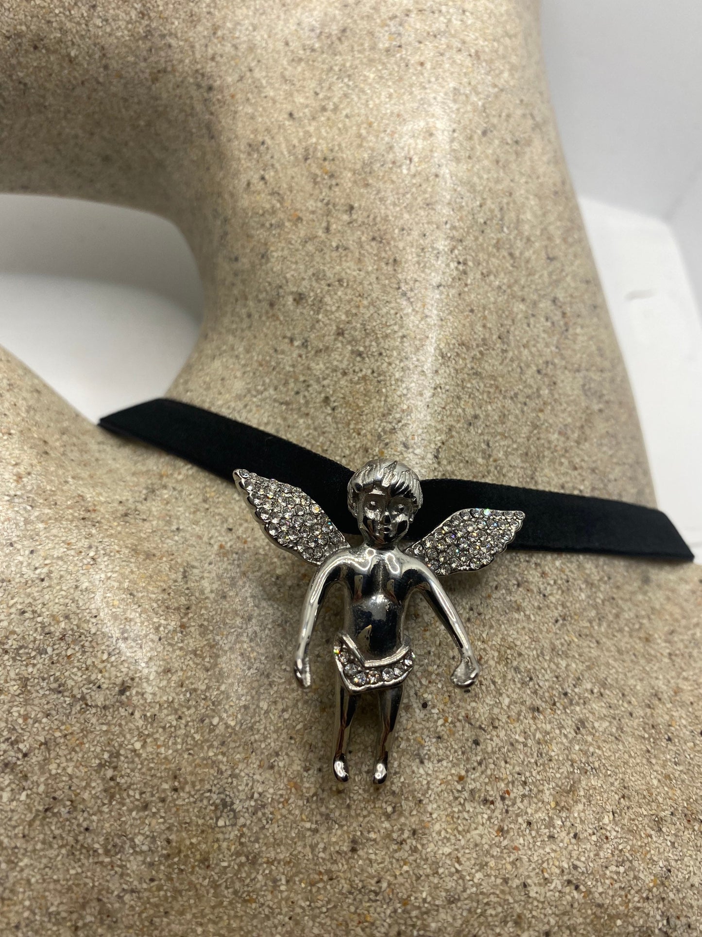 Vintage Handmade Silver Stainless Steel Guardian Angel Choker Pendant Necklace