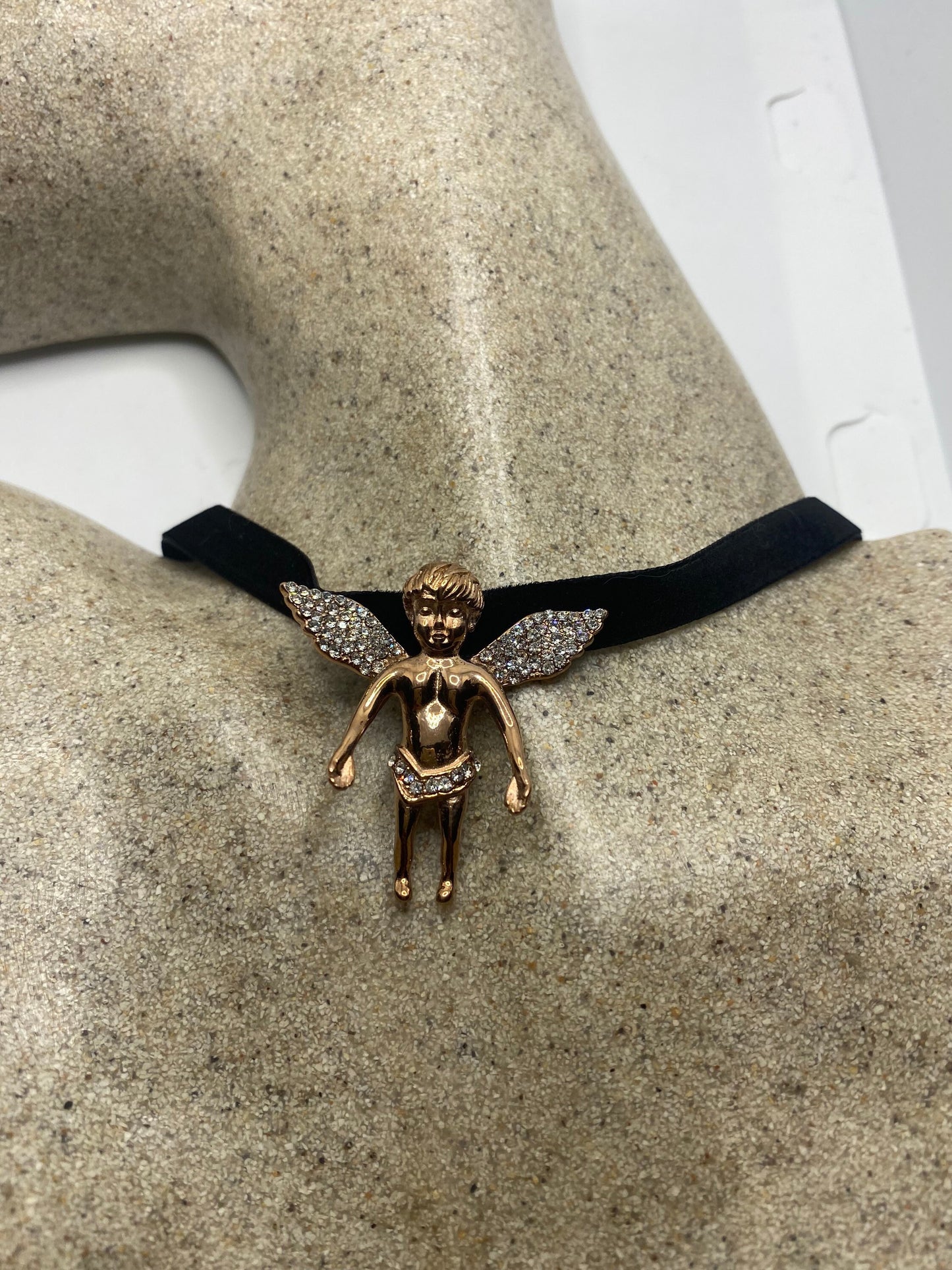 Vintage Handmade Rose Gold Stainless Steel Guardian Angel Choker Pendant Necklace