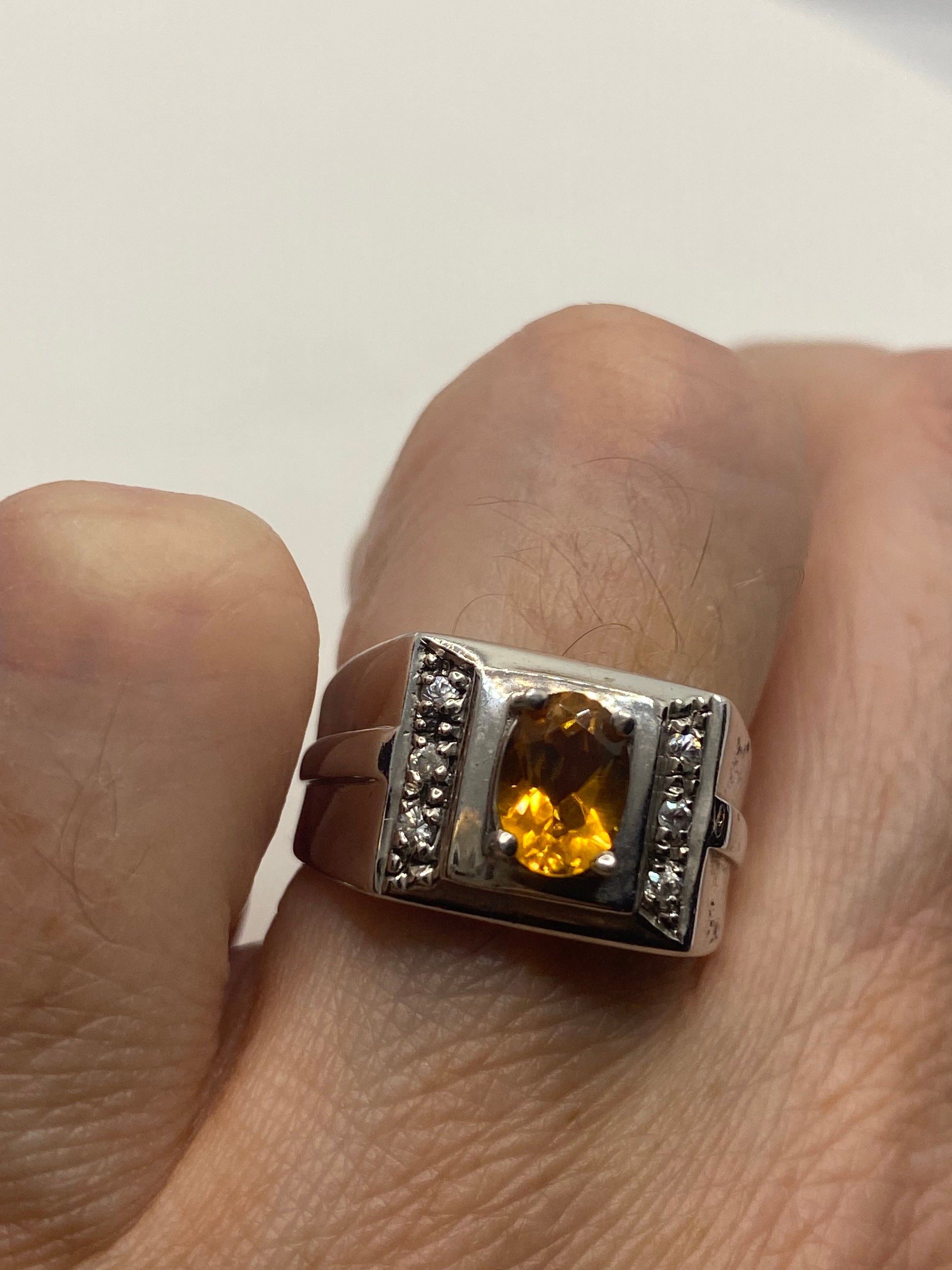 Vintage Golden Citrine and White Sapphire 925 Sterling Silver Ring